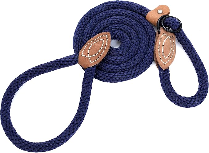 Mile High Life Slip Leads for Dogs | Heavy Duty Dog Training Leash | 4 Feet No Pull Slip Leashes w Leather Tip | Navy Rope Lead for Dogs Outside