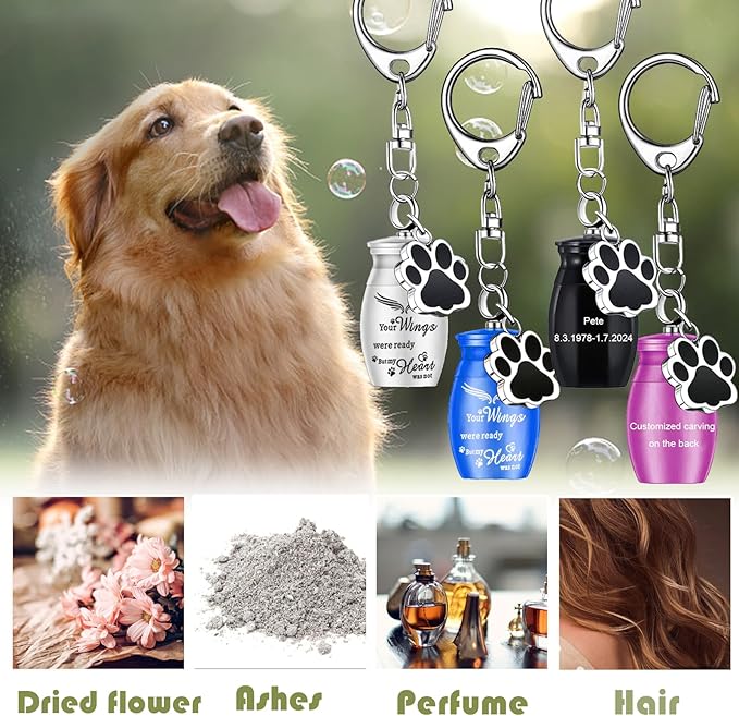 weikui 4Pcs Pet Urns Keychain for Dog Cremation Jewelry Dog Ashes Keepsake Pendant with Dog Paw Print Memorial Urn