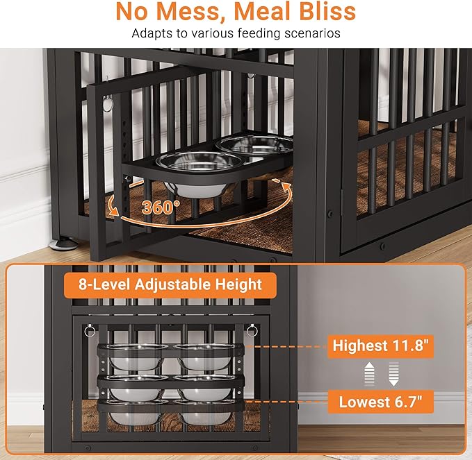 Dog Crate Furniture with Name Tag, Dog Kennel Indoor with 360° Rotating Feeder and Adjustable Heights Bowls, Wooden Decorative Pet Cage End Table for Small Medium Dogs, Rustic Brown 37.8" L