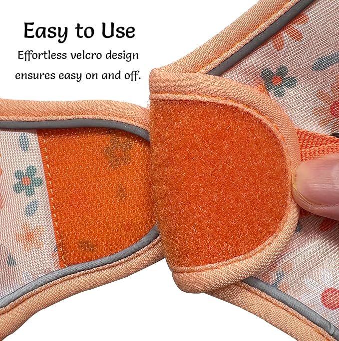 Step in Dog Harness and Leash Set, Reflective Adjustable No Pull Dog Harness for Small Medium Dogs Puppy and Cats, Soft Padded Mesh Vest Harnesses for Girl and Boy Pets(Orange Floral,L)