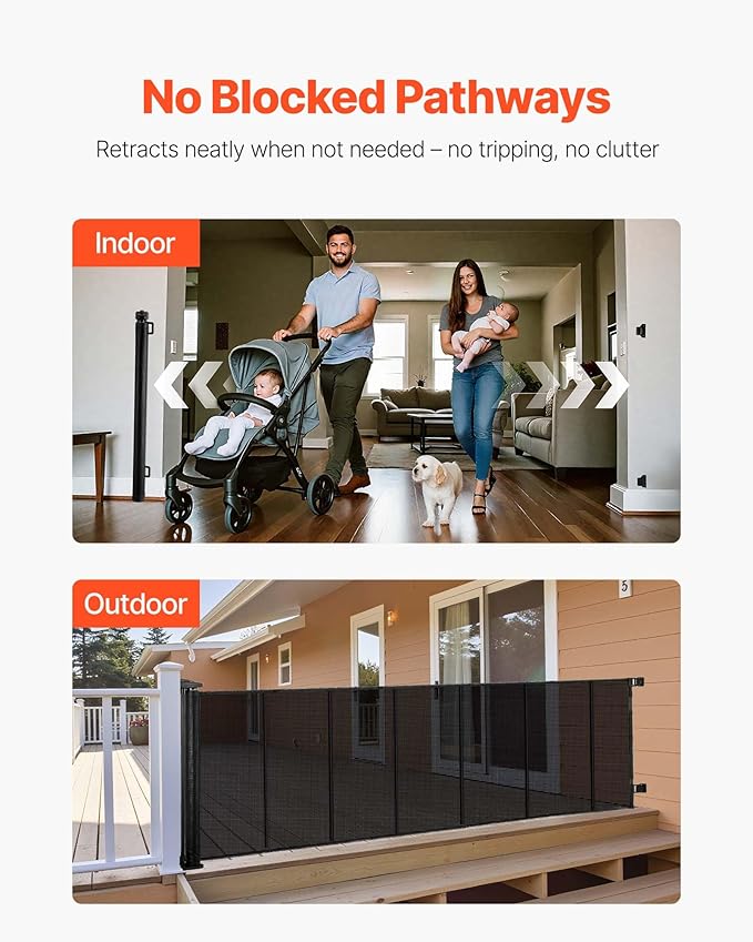 VEVOR Retractable Baby Gate, Extends to 120 inch Extra Wide, 38.5 inch Tall, with Reinforced Fiberglass Strips, Avoids Crawling Through, Mesh Dog Gate for Decks, Doorways, Garages, Indoor, Black