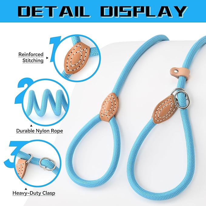 Mile High Life Slip Lead Dog Leash - 4FT, 5FT, 6FT Heavy Duty Rope Leash for No Pull Training, Durable Braided Dog Lead with Leather Stopper & Tip for Medium Large Dogs