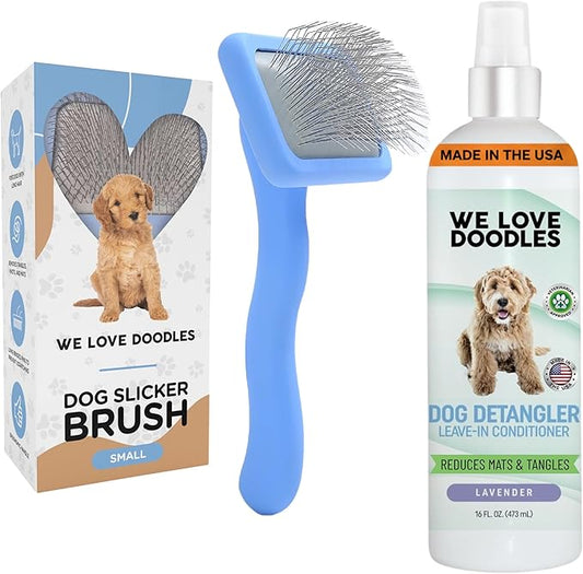 We Love Doodles Small Slicker Brush & Lavender Detangler Spray Pack - Dog Leave-in Conditioner for Reducing Mats, Knots & Tangles, Dematting & Conditioning Grooming Kit, 16 oz