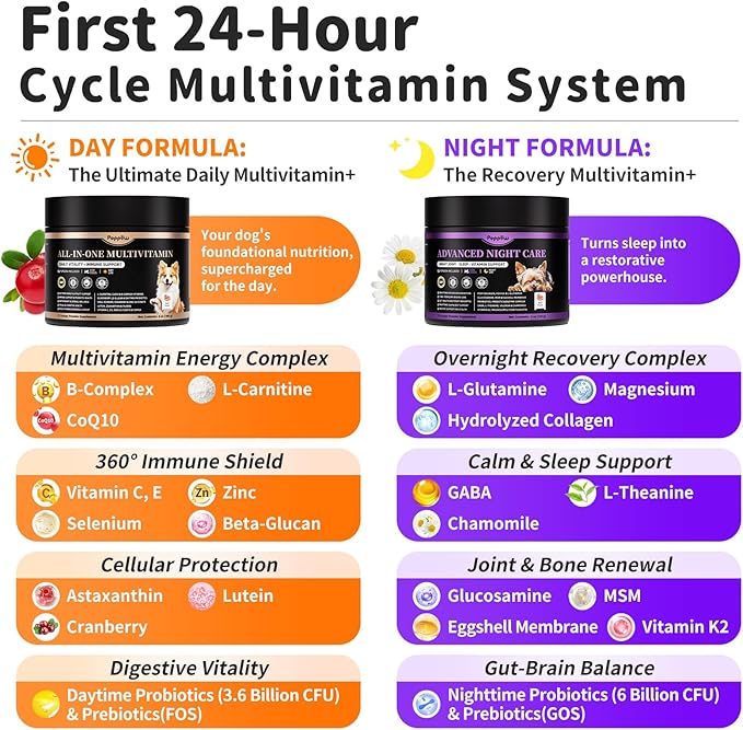 25-in-1 Dog Vitamins and Supplements - Day & Night 2 Pack - Dog Multivitamin Powder with Collagen, Glucosamine, Probiotics - Joint, Gut, Calm, Skin & Immune Support, Beef Flavor, 150 Scoops