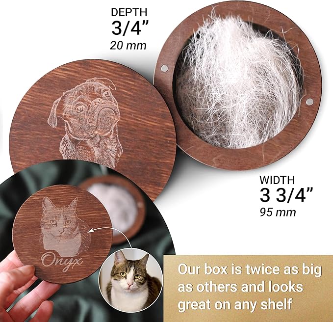 Personalized Pet Hair Keepsake Box for Dog and Cat Fur - Engraved Wood Memorial Box - Unique Customized Gift for Loss of Furry Friend Wooden (Dark Round Wood/Acrylic Lid)
