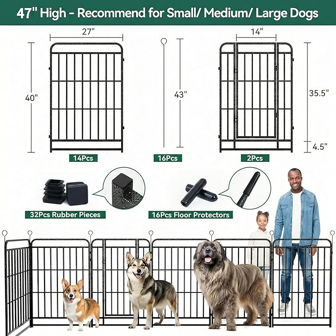 Dog Playpen Outdoor 16 Panels 47'' Rustproof Metal Dog Fence with Gate Small Medium Portable Large Dog Play Pen 36FT 141 Sq.ft for RV Camping, Trips, Play Yard