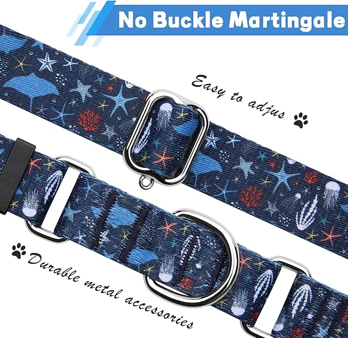 Hikiko Martingale Collar for Dogs with No Buckle Starfish Blue Dog Collars for Large Dogs,Submarine,L