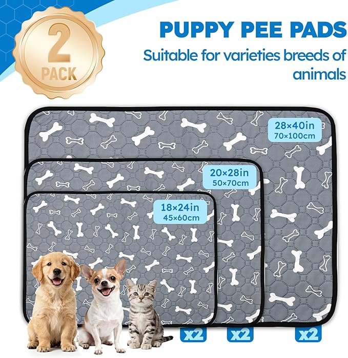 2 Pack Washable Pee Pads for Dogs, Absorbent Reusable Puppy Training Pads, Leakproof, Non-Slip, Waterproof Cat Doggie Pad Pet Potty Mat for Indoor&Outdoor, Whelping, Crate, Gray 20"x28"