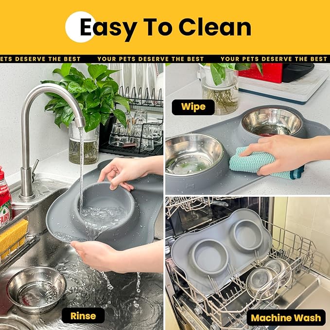 Stainless Steel Dog Bowls with Non-Slip Silicone Mat, Spill Proof Food & Water Bowls Set, Easy Clean Puppy Food Dish, Dishwasher Safe, Suitable for Dogs Cats Pet Under 20lbs, Small, Grey