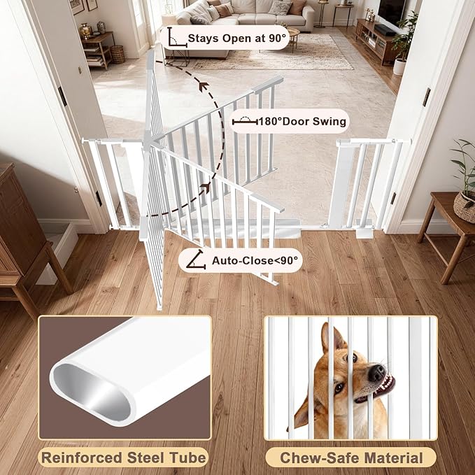 30-41 Inch Extra Wide Outdoor Baby Gate/Dog Gate, Indoor Pet Gate for Doorways, Hallways and Stairs No Drilling, Auto Close, Pressure Mounted Safety gate for Babies,Pets,White