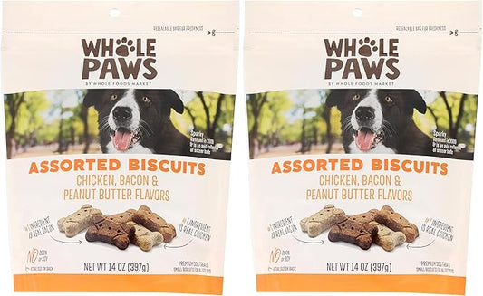 Whole Paws, Biscuit Dog Treats, Assorted Flavors (Chicken, Bacon, & Peanut Butter), 14 Ounce (Pack of 2)