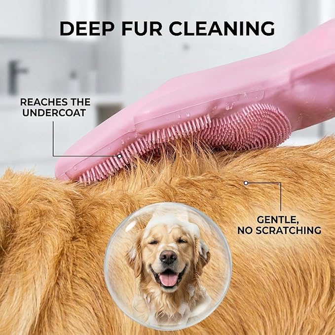 Dog Bath Gloves for Washing, Pet Grooming Gloves with Shampoo Brush, Dog Bath Brush for Dogs and Cats, Essential Dog Bath Supplies (1 Pair, Pink)