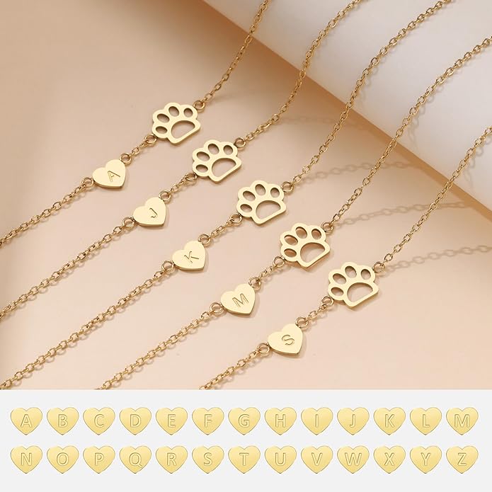 Dog Easter Mom Gifts for Dog Lover Initial Bracelet for Women with Heart Adjustable Pet Paw Gold Bracelets for Women Non Tarnish Memorial Gift for Pet Lover Birthday Jewelry