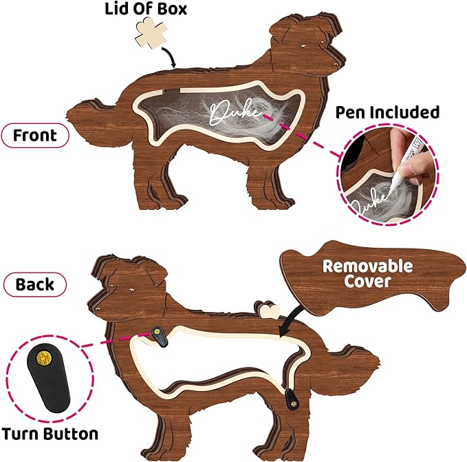 9" Border Collie Dog Hair Keepsake Box, Wooden Pet Urns for Dogs, DIY Pet Loss Sympathy Gifts, Unique Gift Dog Shape Standable Table Decor, Idea Gift for Pet Lover Storing Fur Teeth Ashes PS6-2L
