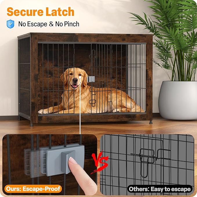 Furniture Style Dog Crate, 43" Wooden Dog Kennel End Table with Solid Top, Indoor Pet Crate House with Secure Slide Lock, Modern Dog Cage Furniture for Small & Medium Dogs, Aged Black