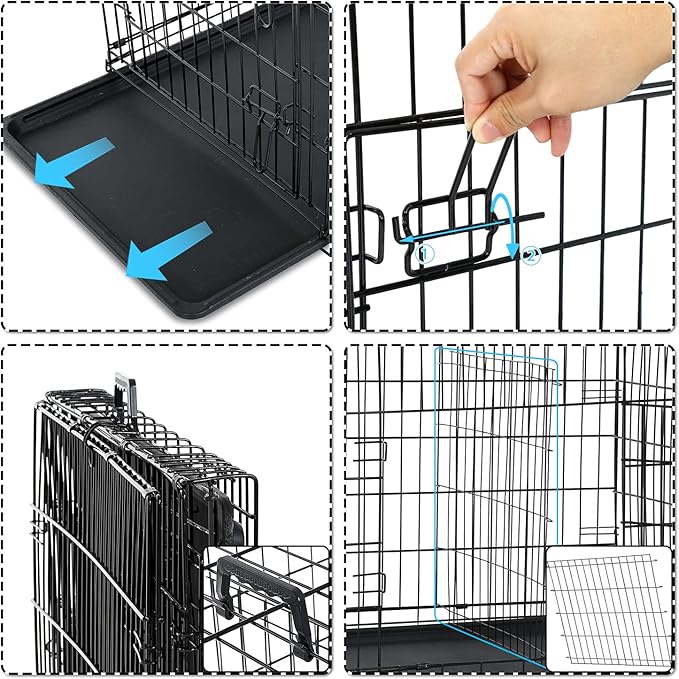 HCY, Dog Crate, Dog Kennel 48 Inch Double Door Metal Crate Foldable Puppy Supplies Cage with Divider Panel, Handle, Plastic Tray for Pet Animals Outdoor Indoor (48 Inch) ,Black, 48In
