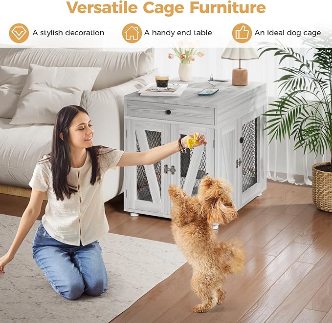 VOWNER Dog Crate Furniture, Wooden Dog Kennel End Table with USB Charging Station, Storage Drawer, Double Latched Door, Furniture-Style Crate Side Table for Medium Dogs Under 40 lbs Indoor, Gray Pine