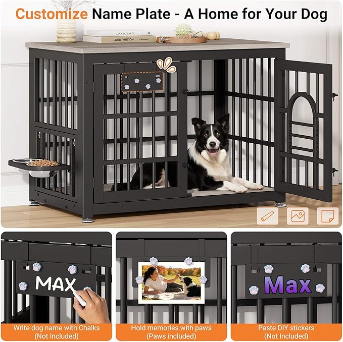 Dog Crate Furniture with Name Tag, Dog Kennel Indoor with 360° Rotating Feeder and Adjustable Heights Bowls, Wooden Decorative Pet Cage End Table for Small Medium Dogs, Grey 37.8" L