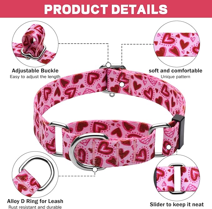 Hikiko Pink Heart Martingale Dog Collar with No Buckle Pretty Cute Valentines Dog Collar for Medium Dogs,Love,M
