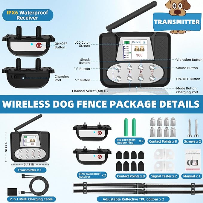 Wireless Dog Fence System for 2 Dogs, Electric Dog Fence with LCD Screen, Adjustable Warning Strength, Range 50-999ft, Rechargeable Wireless Pet Fence for Outdoor Use