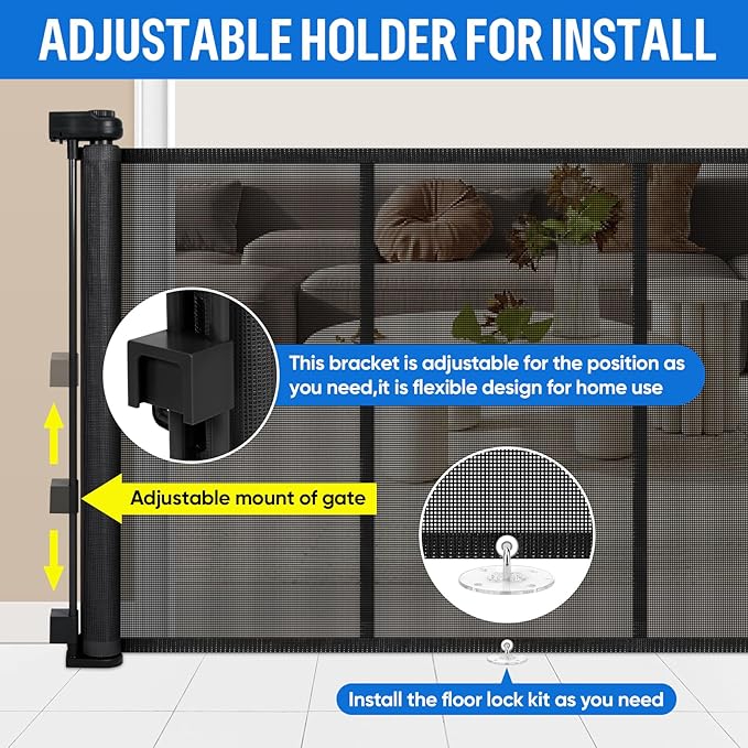 34X100” Extra Wide Safety Retractable Baby Gate, Extra Wide Safety Kids or Pets Gate, 34” Tall, Extends to 100” Extra Wide, Built-in Reinforce Strip Mesh Safety Dog Gate for Stairs (Black)