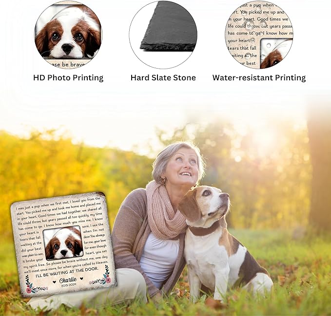 Wrappiness Pet Memorial Stone - I Will Be Waiting at Door, Personalized Dog Memorial Gifts, Remembrance Condolences Bereavement Gifts for Loss of Pet Custom Photo (Square 02, Stone)