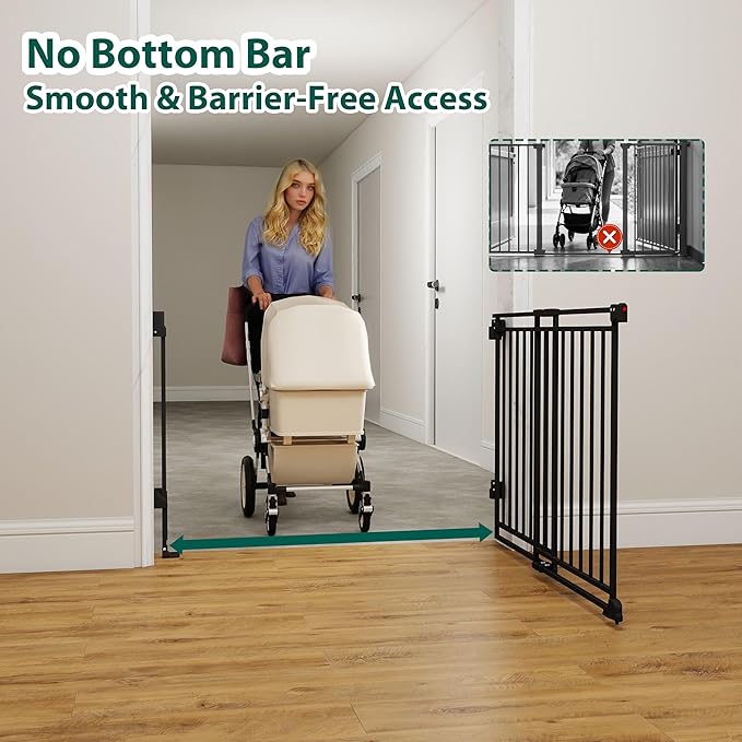 26.5-43" No Bottom Bar Baby Gate for Stairs and Doorways, 29" Tall Hardware-Mounted Baby Gate for Top and Bottom Stairs, Auto-Close Dog Gate Indoor with Extra Wide Walk Thru