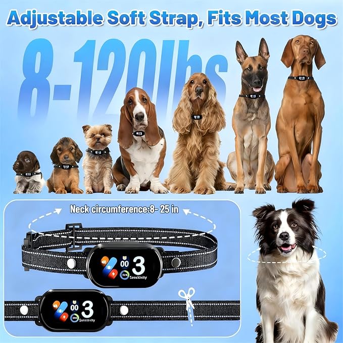 Smart Dog Bark Collar for Small Medium Large Dogs, Rechargeable Ultra-Light Anti Barking Collar with 5 Adjustable Sensitivity,Bark Stop Device,Beep Vibration Modes,IP67 Waterproof