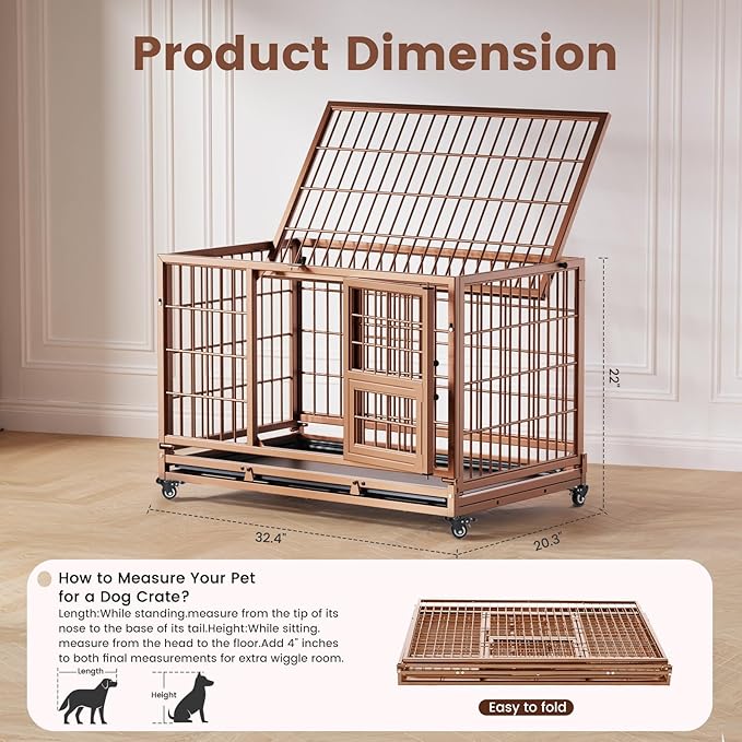 Gardner Pet 32 inch Stackable Heavy Duty Dog Crate,Indestructible Escape-Proof Dog Kennel for Small Dogs,High Anxiety Dog Cage with Upgraded Lockable Wheels，Removable Tray & Triple Door,Brown