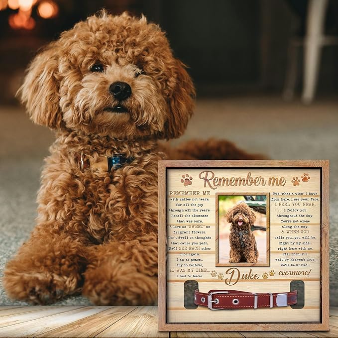 Personalized Dog Collar Memorial Frame – Custom Dogs Picture Frame with Collar Holder – Pet Loss Sympathy Gift – Dog Memorial Photo Shadow Box – “Waiting at The Door” Remembrance Poem
