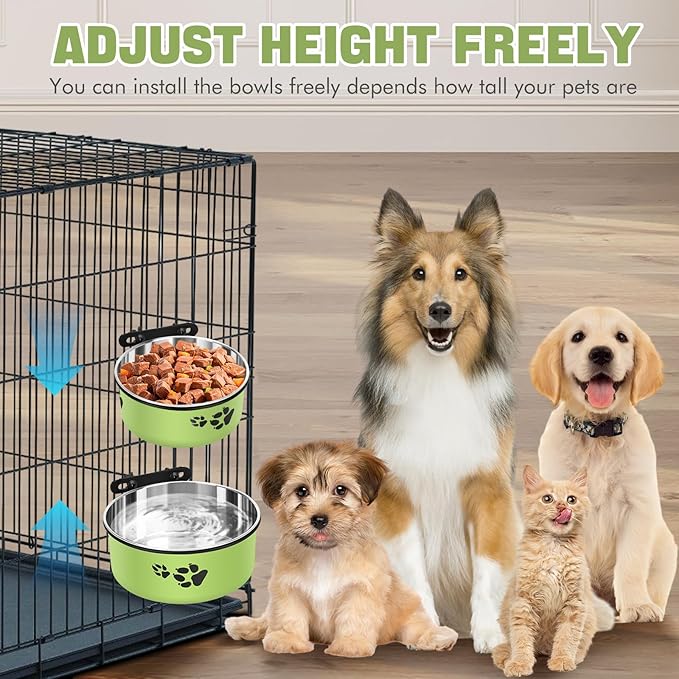 Dog Crate Bowls, ShineMe Stainless Steel Dog Kennel Bowls for Crates, Spill Proof Dogs Dishes That Attach to Crate Kennel Cage for Small Medium Size Dogs Cats, Set of 2, Green (6.2x2.6” & 5.5x2.4”)