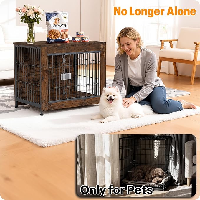 Furniture Style Dog Crate, 27" Wooden Dog Kennel End Table with Solid Top, Indoor Pet Crate House with Secure Slide Lock, Modern Dog Cage Furniture for Small & Medium Dogs, Aged Black