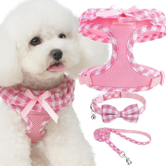 EXPAWLORER Cute Dog Harness Collar Leash Set - Pink Girl Dog Harness Checkered Step-in Design, Detachable Bow Pet Collar, Adjustable No-Choke Lightweight Mesh Vest for Cats Puppy Small Dogs, XS