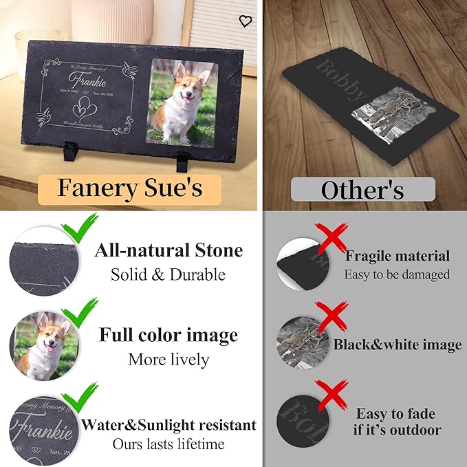 Fanery Sue Custom Cat Memorial Stones with Full Color Image, Dog Memorial Gift Garden Stones, Pet Grave Markers Personalized, All-Natural Memorial Headstone for Pet