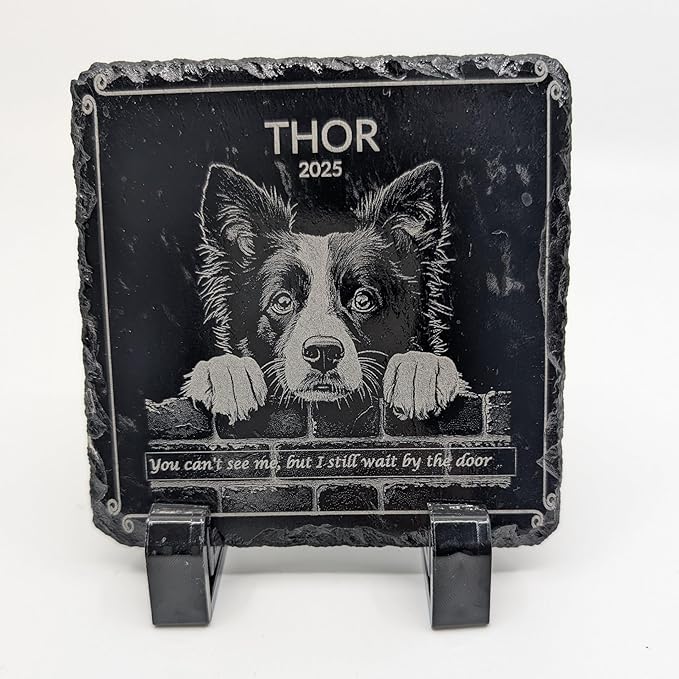 lemuria 4x4” Pet Memorial Stone – Personalized Black Slate Grave Marker – Custom Engraved Dog or Cat Headstone for Indoor or Outdoor Use (4x4 inches)
