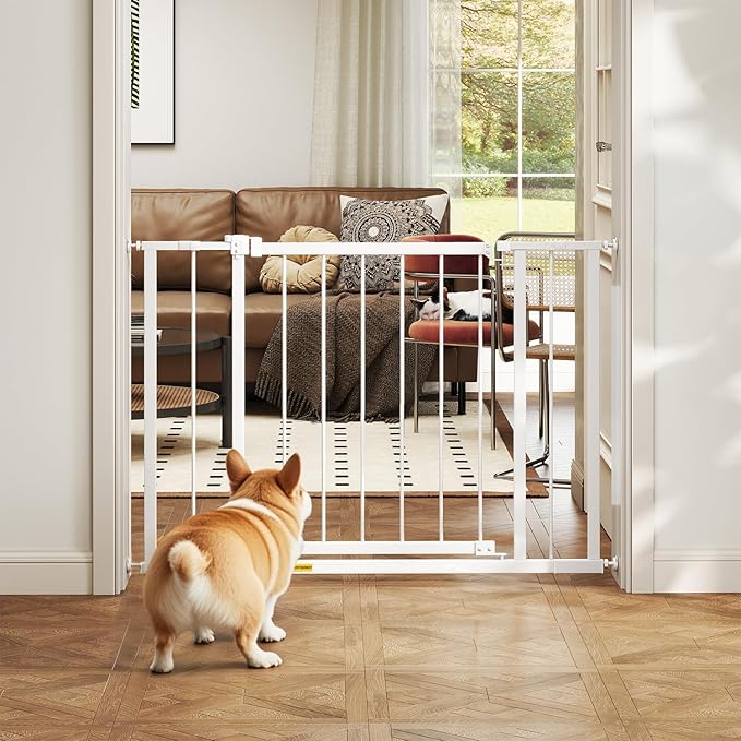 BestPet 30”Tall Dog Gate for Stairs & Doorways, Fits 28.5”-39.7” Wide Openings,Walk-Through Metal Pet Gate for Indoor Use,Adjustable Safety Gates for Pets,White