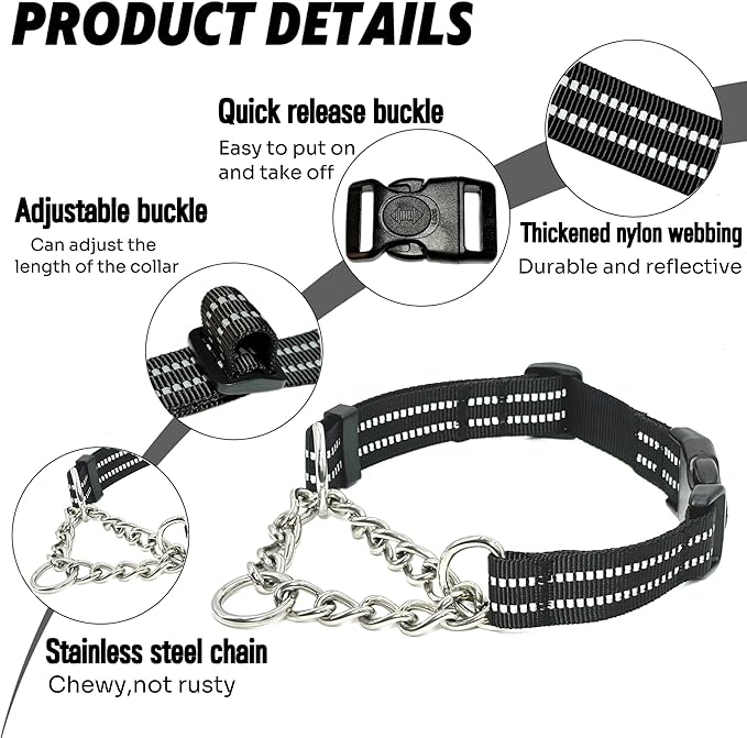 Martingale Dog Collars, Reflective Nylon Collar with Stainless Steel Chain, Adjustable Walking Training Dog Collars with Quick Release Buckle, Suitable for Small Medium Large Dogs(Black,L)