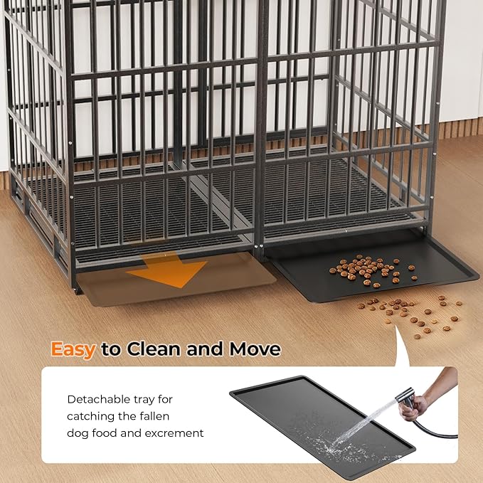 54 inch Heavy Duty Dog Crate with Dual Doors and Lockable Wheels, Large Dog Kennel Indoor, Removable Tray for Easy Cleaning, Dog Cage for Medium to Large Breeds and Anxious Dogs