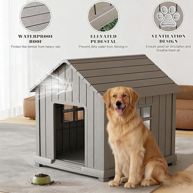 Bifanuo Dog House Outdoor Indoor with Weatherproof, Ventilated and Elevated Floor, Easy Clean Large Dog House Outdoor for Small Medium Large Dogs (Grey, 37.2" L x 40" W x 40" H)