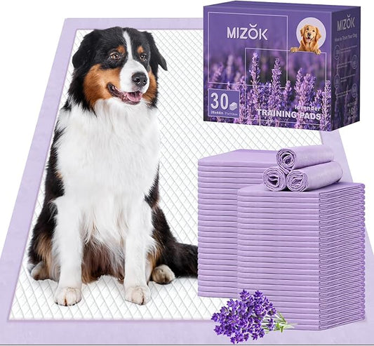 MIZOK Dog Pads Extra Large 28x44in, XXL Potty Pads for Dogs, Keeps Fresh & Clean, Ultra Absorbent Up to 12 Cups, 6 Layers Leak-Proof, Purple Lavender Color (30 Counts)