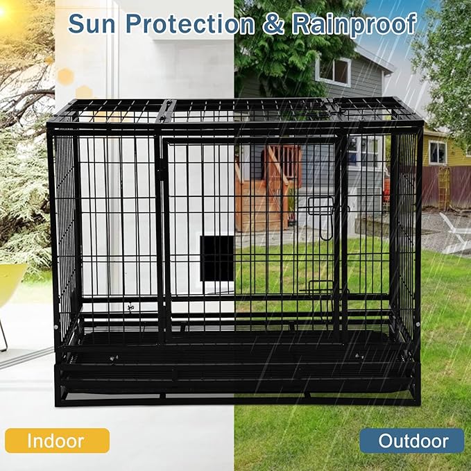 42'' Heavy Duty Dog Crate for Large Dogs Double Doors & Locks Design Escape Proof Strong Metal Dog Cage with Wheels, Indoor Large Dog Crate Heavy Duty Stackable Dog Kennel with Tray