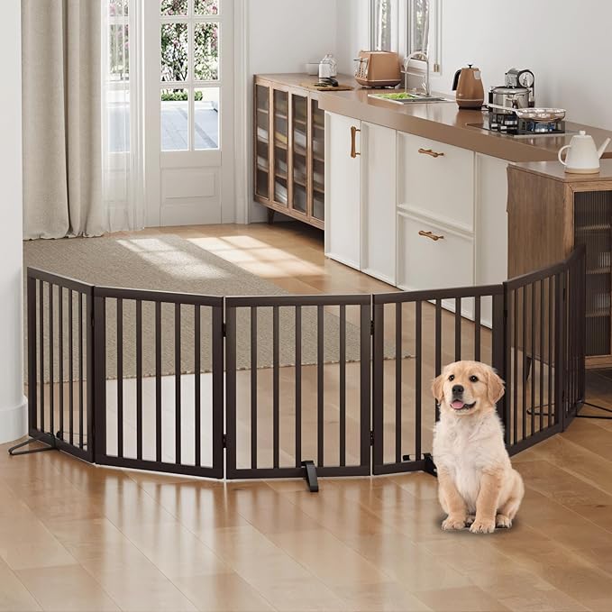 Dog Gates for Doorways, Foldable Dog Gate Indoor, Freestanding Pet Gates for Doorways Bedroom, Puppy Gate with Metal Support Feet, Room Divider 6 Panels (Brown)