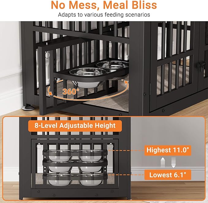 Dog Crate Furniture with Name Tag, Dog Kennel Indoor with 360° Rotating Feeder and Adjustable Heights Bowls, Wooden Decorative Pet Cage End Table for Small Dogs, Grey 31.5" L
