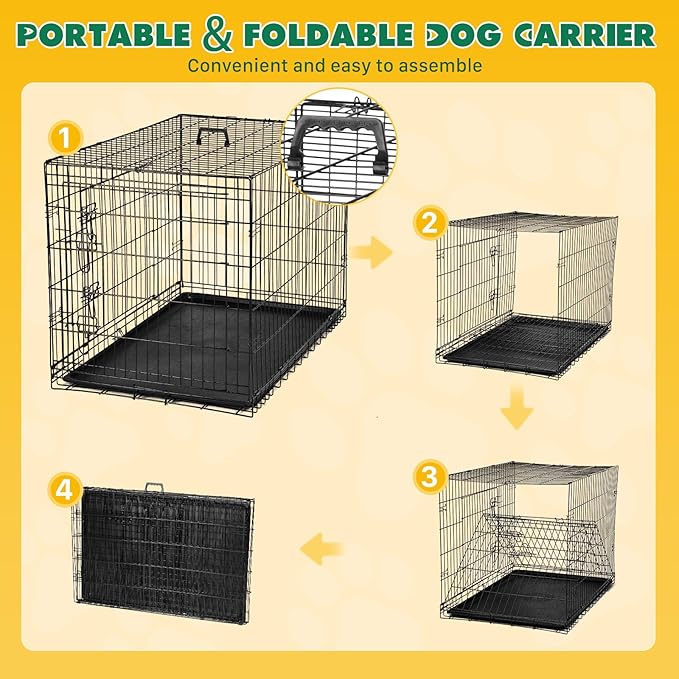 DUMOS Dog Crate with Double Doors, Metal Foldable Pet Cage with Plastic Removable Tray, Portable Large Kennel for Outdoor Indoor with Handle, Black, 42 Inch