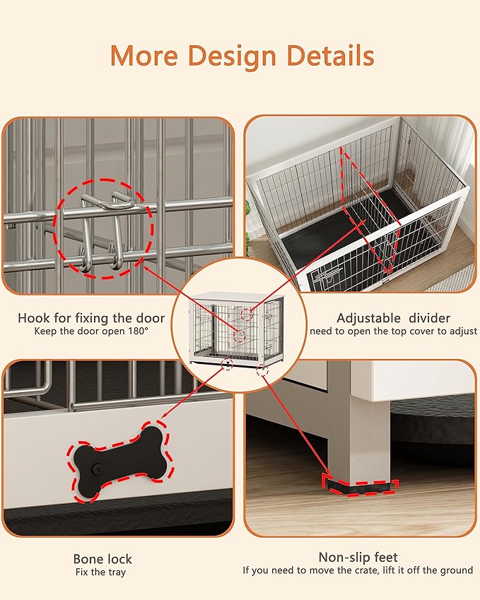 Piskyet Wooden Dog Crate Furniture with Divider Panel, Dog Crate End Table with Fixable Slide Tray, Double Doors Dog Kennel Indoor for Dogs(L:37.8" L*25.1" W*26.3" H,White)