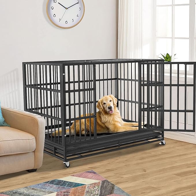 48 Inch Heavy Duty Dog Crate for Large Dogs, Indestructible Escape Proof Steel Kennel with Wheels for High Anxiety Dogs, Sturdy Locks Double Door and Removable Tray, Extra Large XL XXL