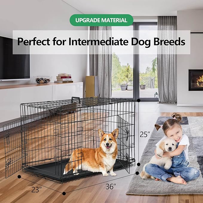 Dog Crates for Medium Dogs 36 Inch Dog Kennel Medium Dog Crate Foldable Dog Cage Double Door w/Leak-Proof Tray/Divider, Portable Dog Cage Collapsible Metal Dog Crate Dog Cages for Medium Dogs Indoor