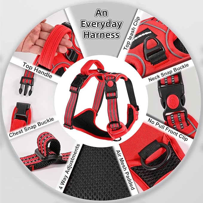 No Pull Dog Harness with A Free Heavy Duty 5ft Dog Leash, Adjustable Soft Padded Dog Vest, Reflective No-Choke Pet Oxford Vest with Easy Control Handle for Small and Large Dogs (Red, Medium)