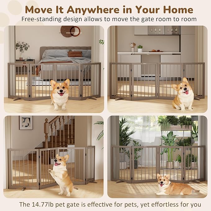 Free Standing Dog Gate Indoor, Foldable Dog Gate for Doorways Stairs Hallways,4-Panel Freestanding Pet Gate with Support Feet for Stability, Folding Puppy Gate Easy to Move, Doggy Gate 72"x24"