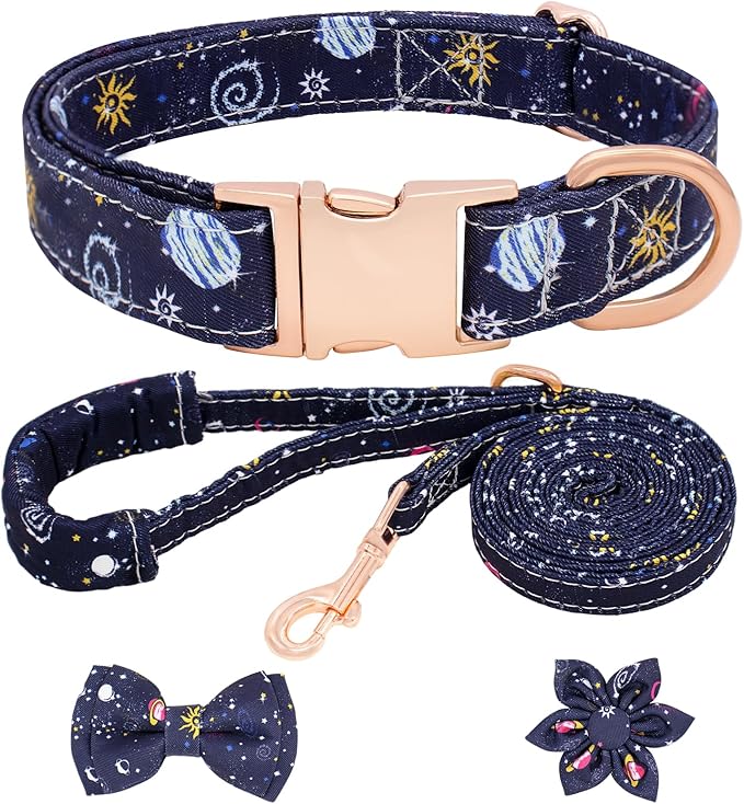 Dog Collar and Leash Set Adjustable Girls Puppy Floral Collars with Bow Tie for Small Medium Large Dogs(L, Blue Planet)